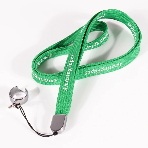 Green AmazingVapes printed neck strap with a gray connector, black cords and a silver-colored holder ring