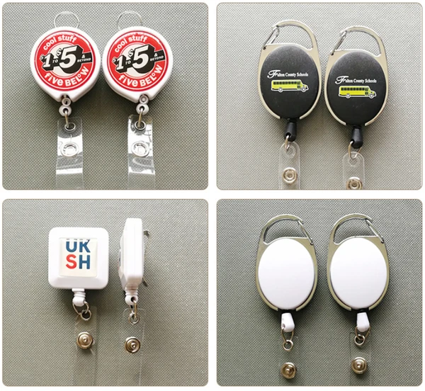 Collage of round and square logo badge reels showing fronts, back clips and clear straps