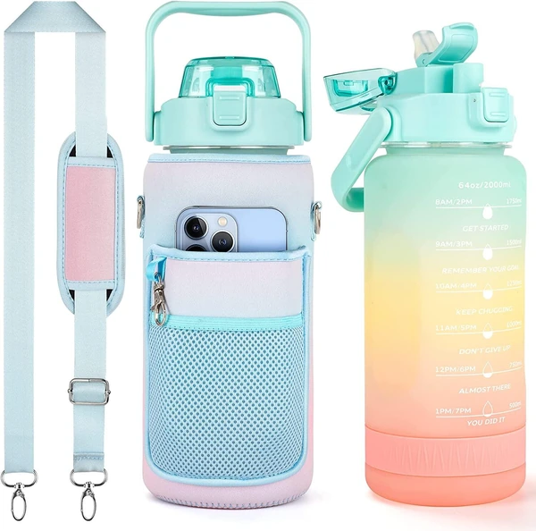 Mint bottle carrier with mesh pocket holding a phone, shoulder strap with pad and a gradient water bottle