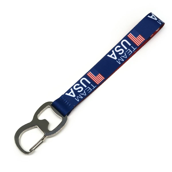 Navy short strap with USA lettering, flag graphics and a silver-colored bottle opener clip
