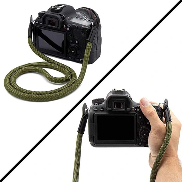 Two views showing an olive strap attached to a camera and looped around a hand while holding the camera