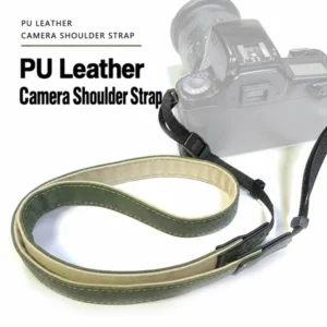 Olive green camera shoulder strap with cream lining, edge stitching and black adjustable attachment webbing