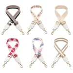 Six bag straps with striped, floral, solid, heart and geometric designs and gold-colored clips