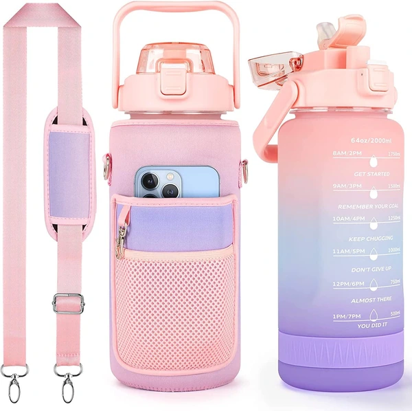 Pink bottle carrier with mesh pocket holding a phone, padded shoulder strap and pastel gradient water bottle