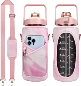 Pink bottle carrier shown with a phone pocket and clear bottle window beside a padded shoulder strap