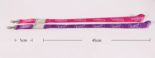 Pink and purple printed lanyards with metal detachable buckles, swivel clips and 45 cm and 5 cm dimension annotations