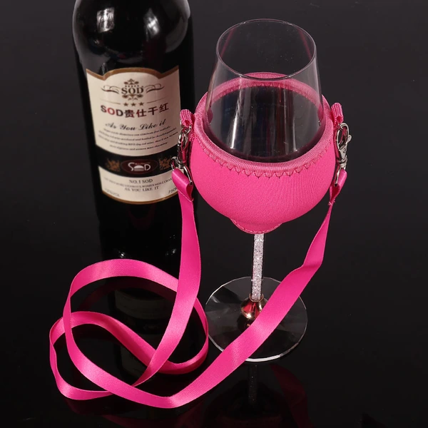 Pink holder supporting a stemmed wine glass beside a wine bottle, with a pink neck lanyard