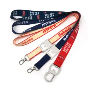 Three printed lanyards with navy, red and cream designs, metal bottle openers and clip attachments