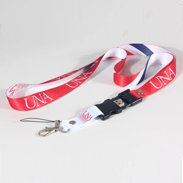 Looped red, white and navy printed lanyard with a black buckle and silver-colored swivel clip