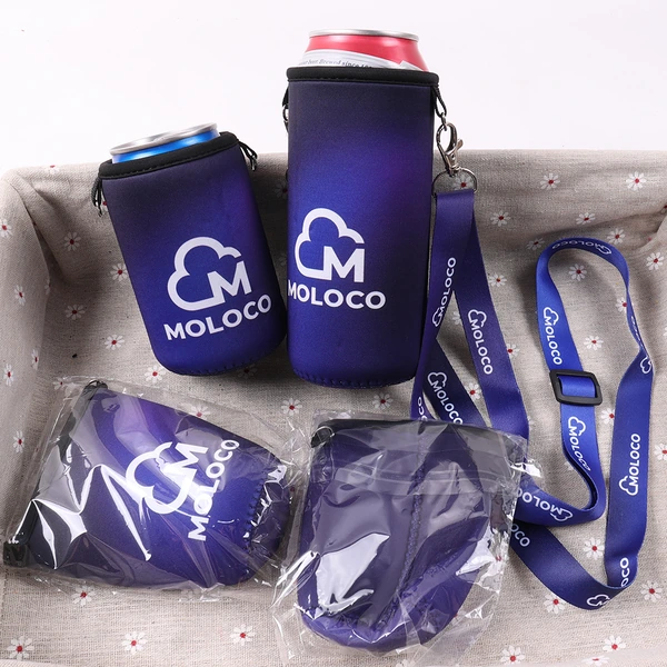Purple logo printed can cooler holding a red can beside packaged flat coolers and matching lanyards