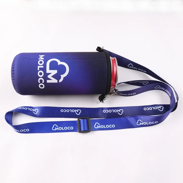 Purple logo printed can cooler holding a beverage can beside a matching purple printed lanyard