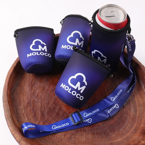 Purple can coolers shown flat and holding a beverage can beside a matching printed lanyard