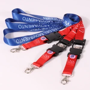 Three red and blue printed neck lanyards with black USB buckles and silver-colored swivel clips