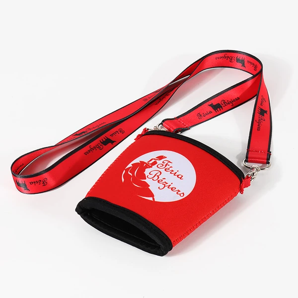 Red logo printed can cooler shown flat with black edging, metal clips and a matching red printed lanyard