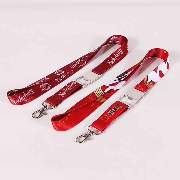 Red printed neck lanyards with white artwork, silver-colored detachable buckles and swivel clips