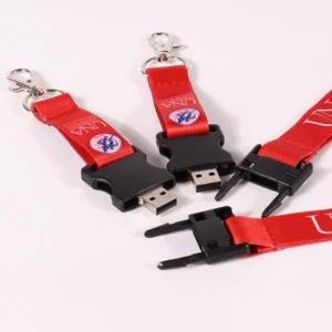 Red short lanyard attachments with black USB buckle components, exposed USB plugs and swivel clips