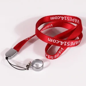 Red VAPE514.com printed neck lanyard with a gray connector, black attachment cords and a silver-colored holder ring