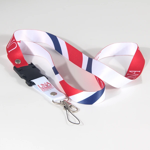 Red, white and navy printed neck lanyard with a black USB buckle and silver-colored swivel clip