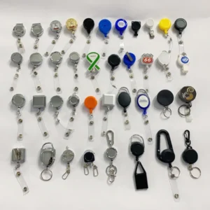 Display board of retractable badge reels in multiple shapes, colors and attachment styles