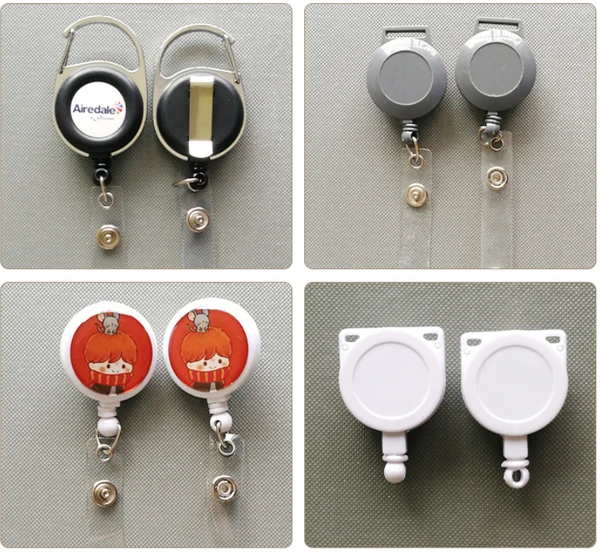Collage of round and heart-shaped badge reels showing logo faces and back attachments