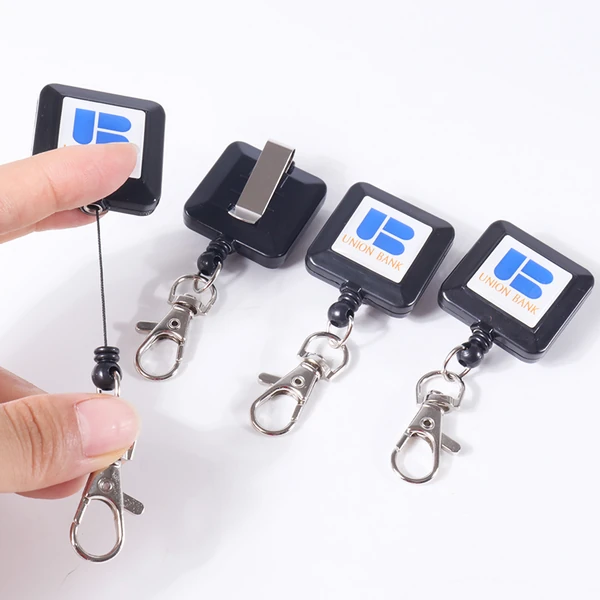 Black square logo badge reels with key hooks, back clip and an extended retractable cord