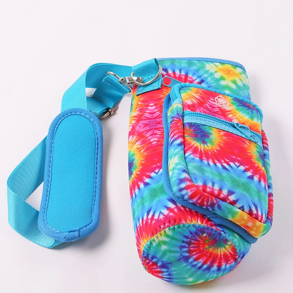 Bright tie dye bottle carrier bag with turquoise strap, metal clips and a separate small turquoise pouch