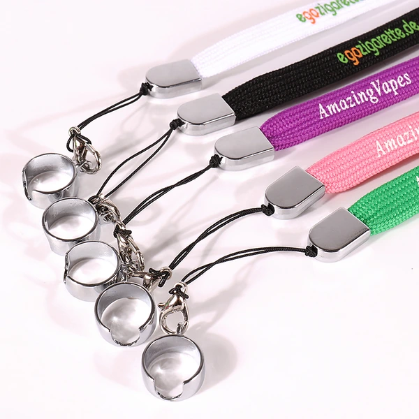 White, black, purple, pink and green printed lanyards with gray connectors, black cords and silver-colored holder rings