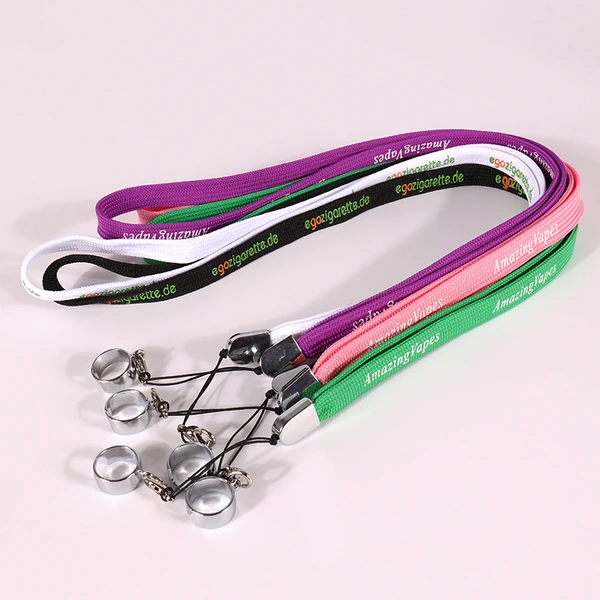 Purple, white, black, pink and green neck lanyards arranged together with metal holder rings and cord attachments