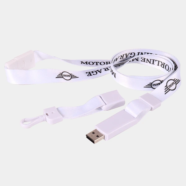 White printed neck strap arranged with an exposed USB plug and separated white buckle components