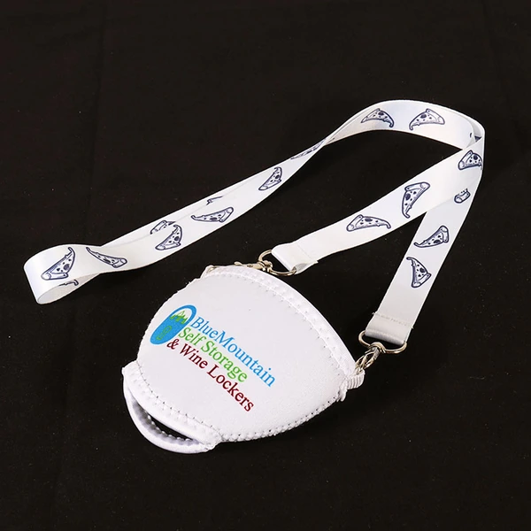 White wine glass holder with a colorful printed logo, branded white lanyard and metal attachment clips