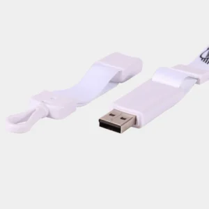 Close-up of a white lanyard attachment showing an exposed USB plug and separated white buckle