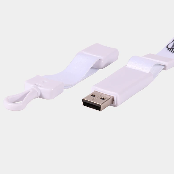 Close-up of a white lanyard attachment showing an exposed USB plug and separated white buckle