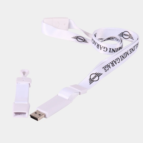 White printed neck lanyard with a built-in USB connector and an opened white detachable buckle