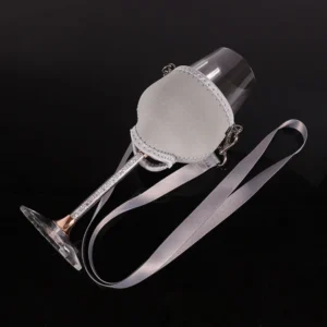 White holder wrapped around a stemmed wine glass with a white lanyard and metal clips on a black background