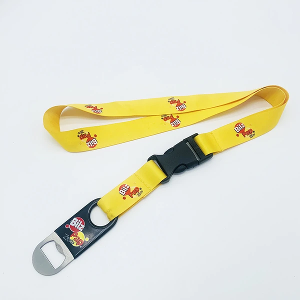 Yellow printed lanyard with a black detachable buckle and silver-colored bottle opener