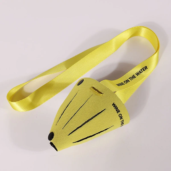 Yellow wine glass holder shown flat with black printed lines, snap fasteners and a matching yellow neck strap