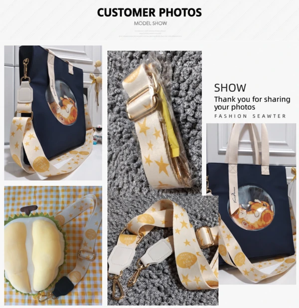 Photo collage of a yellow patterned shoulder strap attached to handbags